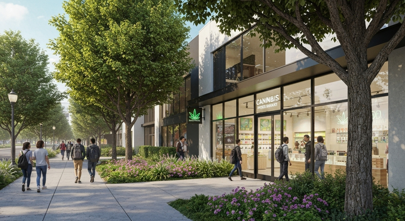 Dispensary storefront near university campus