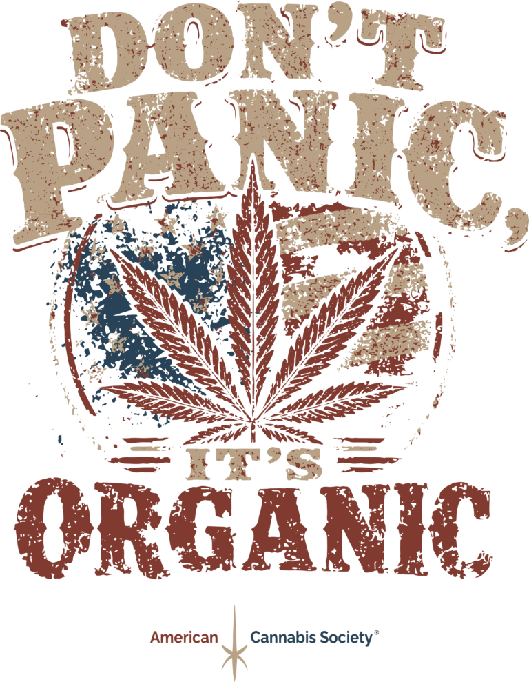 Don't Panic It's Organic cannabis t-shirt from American Cannabis Society at THCFACTOR.com